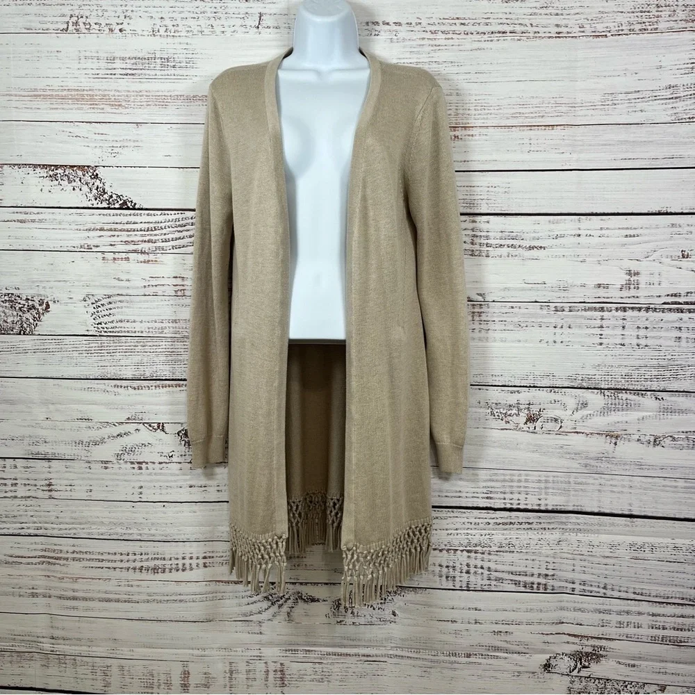 White House Black Market Tan Duster Fringe Long Sleeve Cardigan Sweater